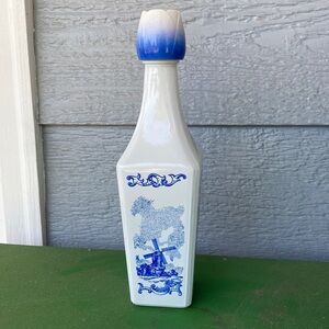 Vintage glass Dutch Liquor bottle white and blue with tulip cap